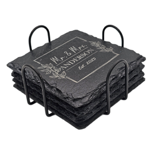 Set of 4 Personalized Slate Coasters | Holder Included | Black Slate 4"x4" | Padded Base